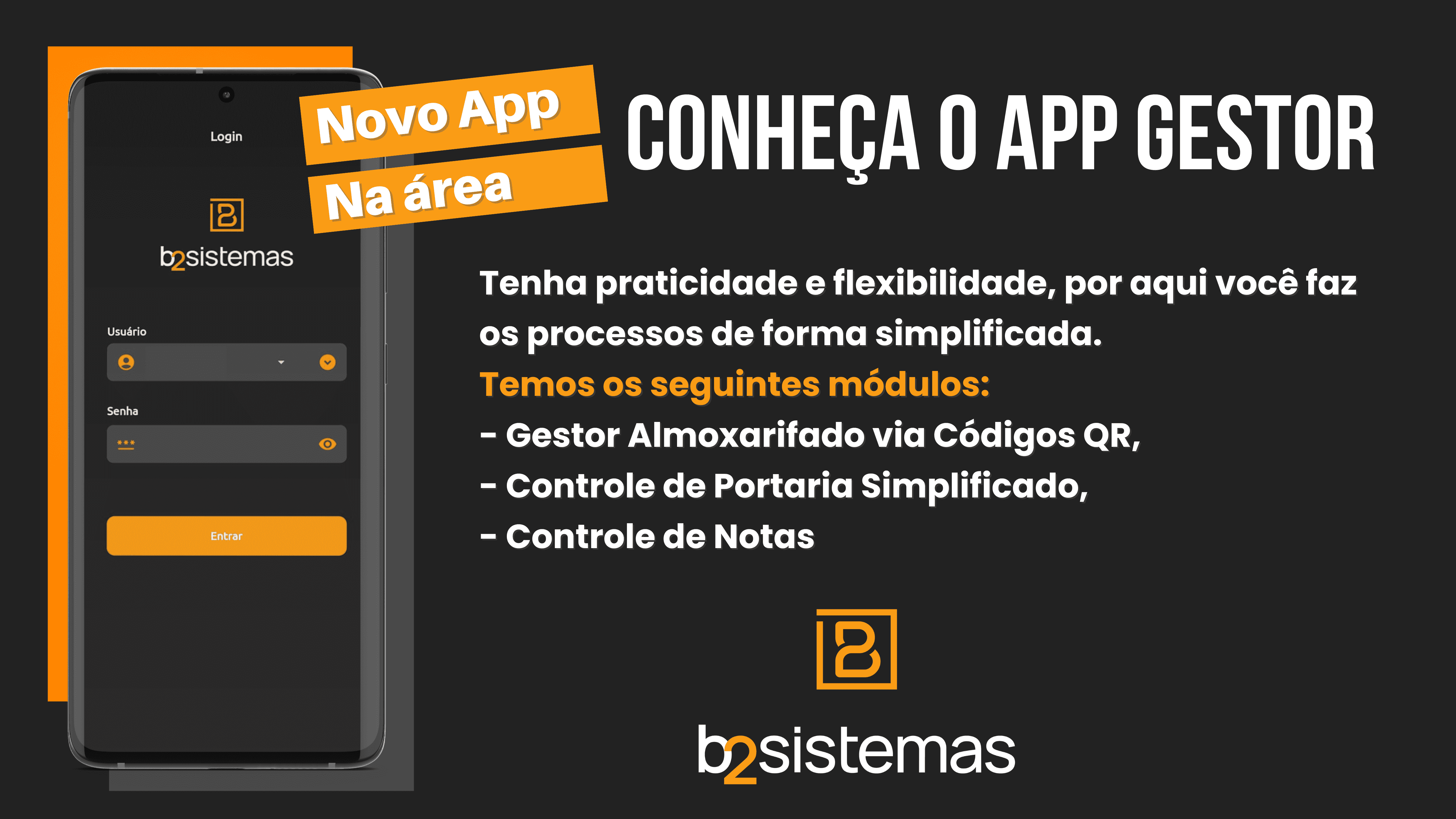 Imagem mostrando um celular e as descriçoes do app gestor B2 e suas funcionalidades